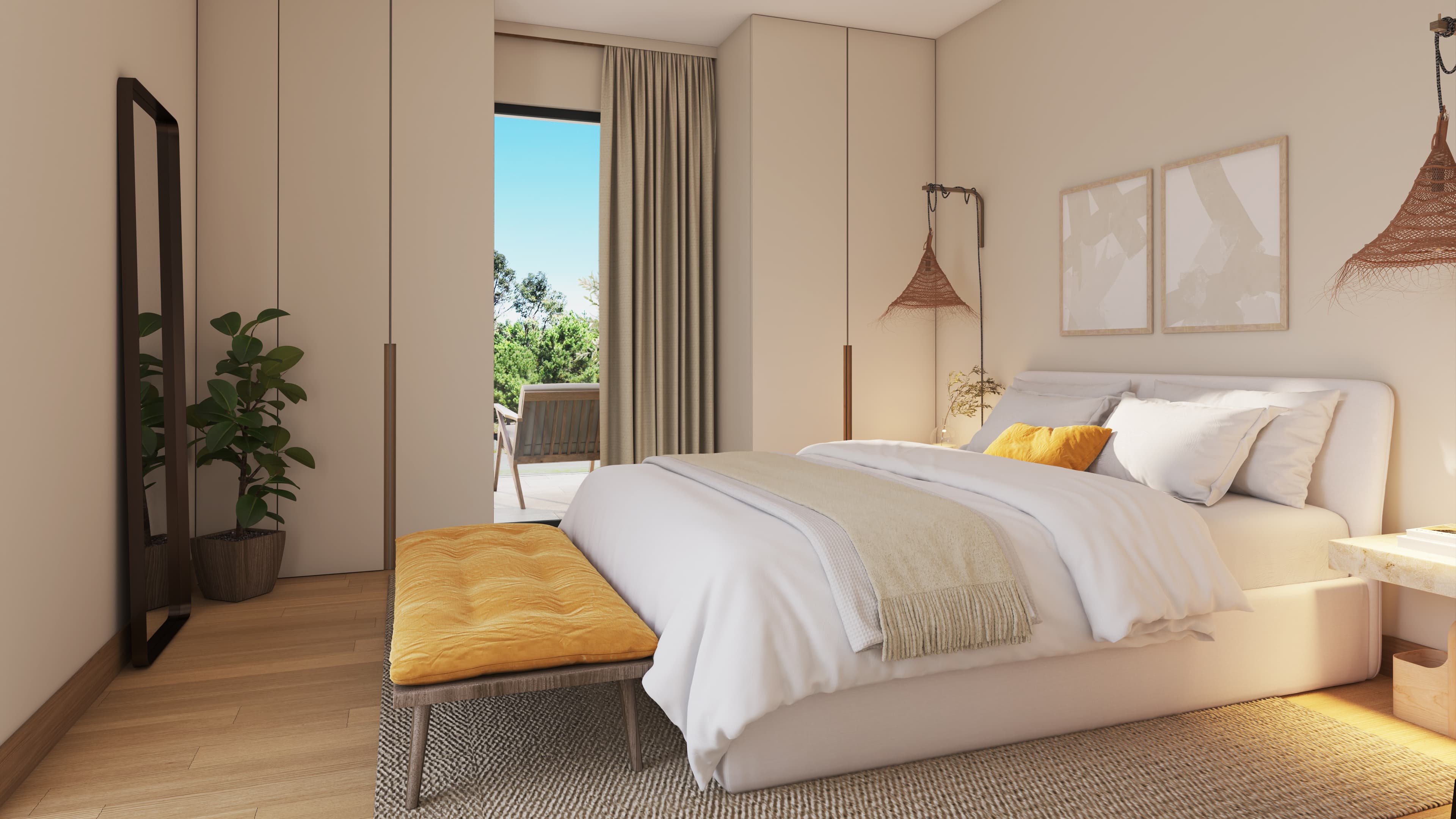 Interior rendering of a bedroom with a sitting area.