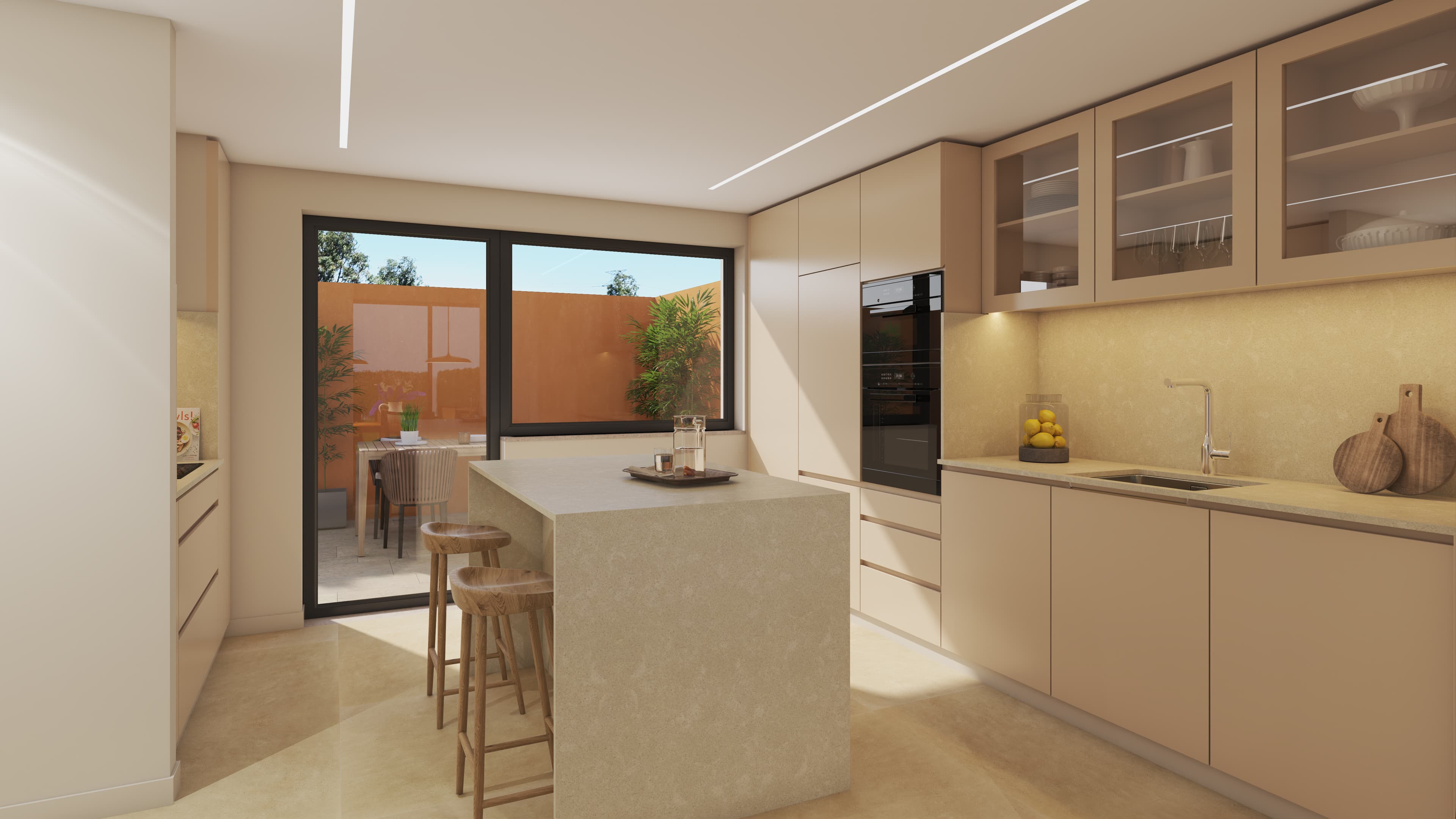 Interior rendering of a kitchen with an island.