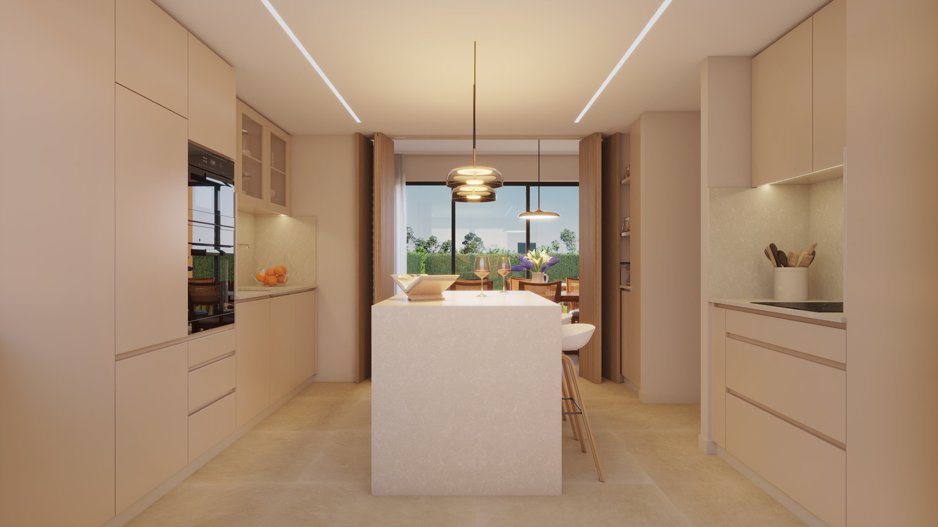 Interior rendering of a kitchen with an island and dining area.
