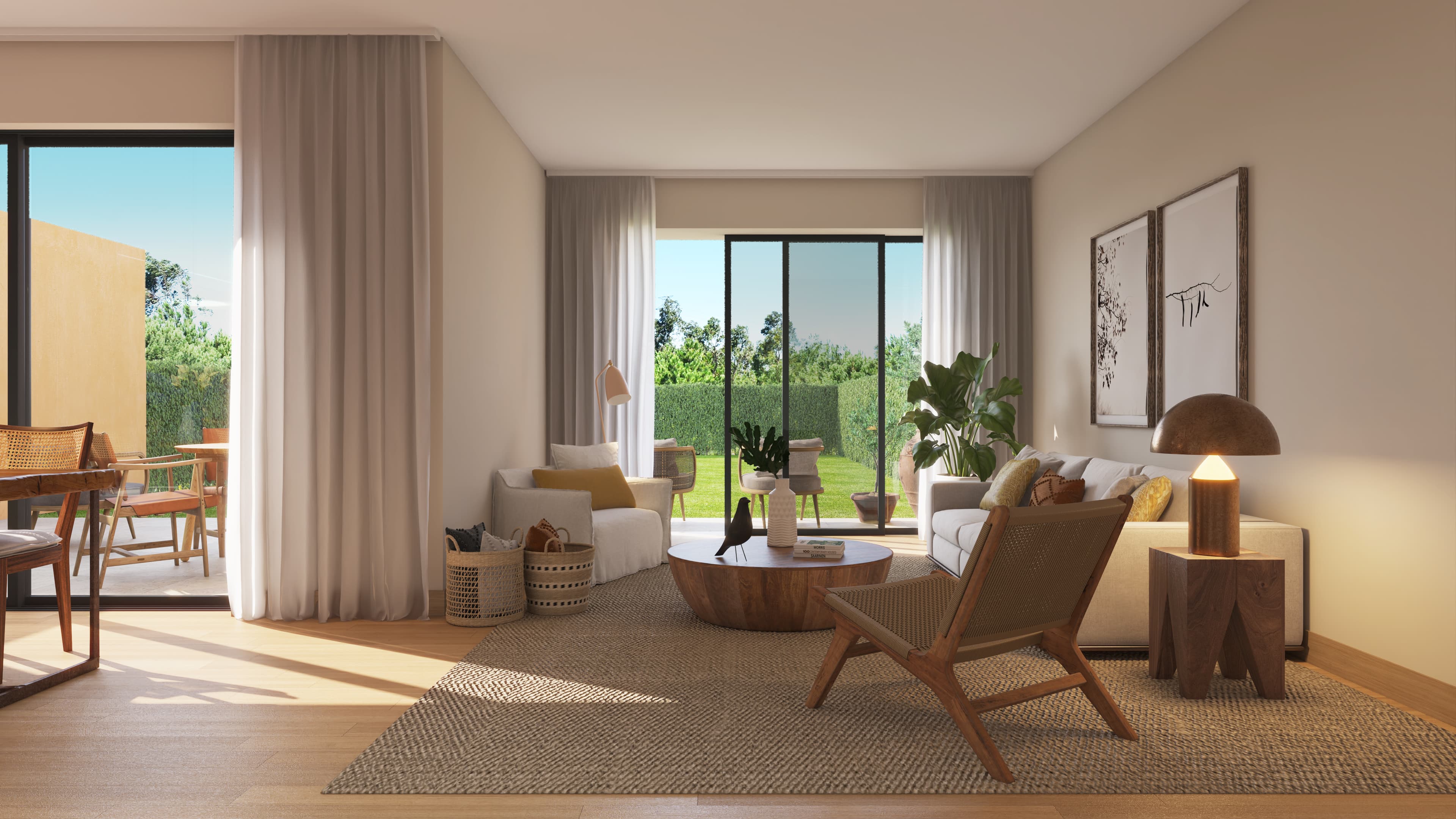 Interior rendering of a living room opening to a terrace.