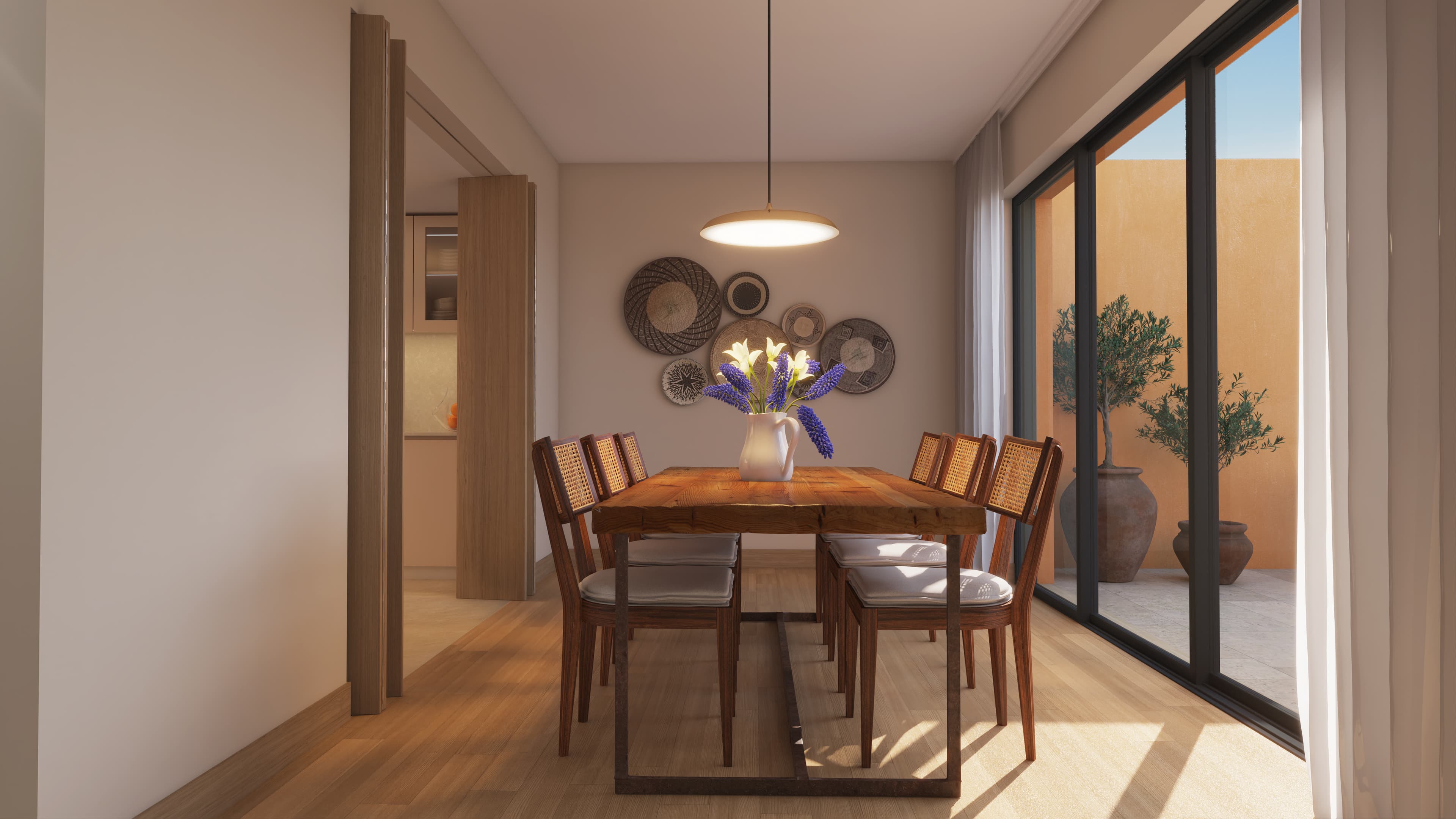 Interior rendering of a dining area beside glazed doors.