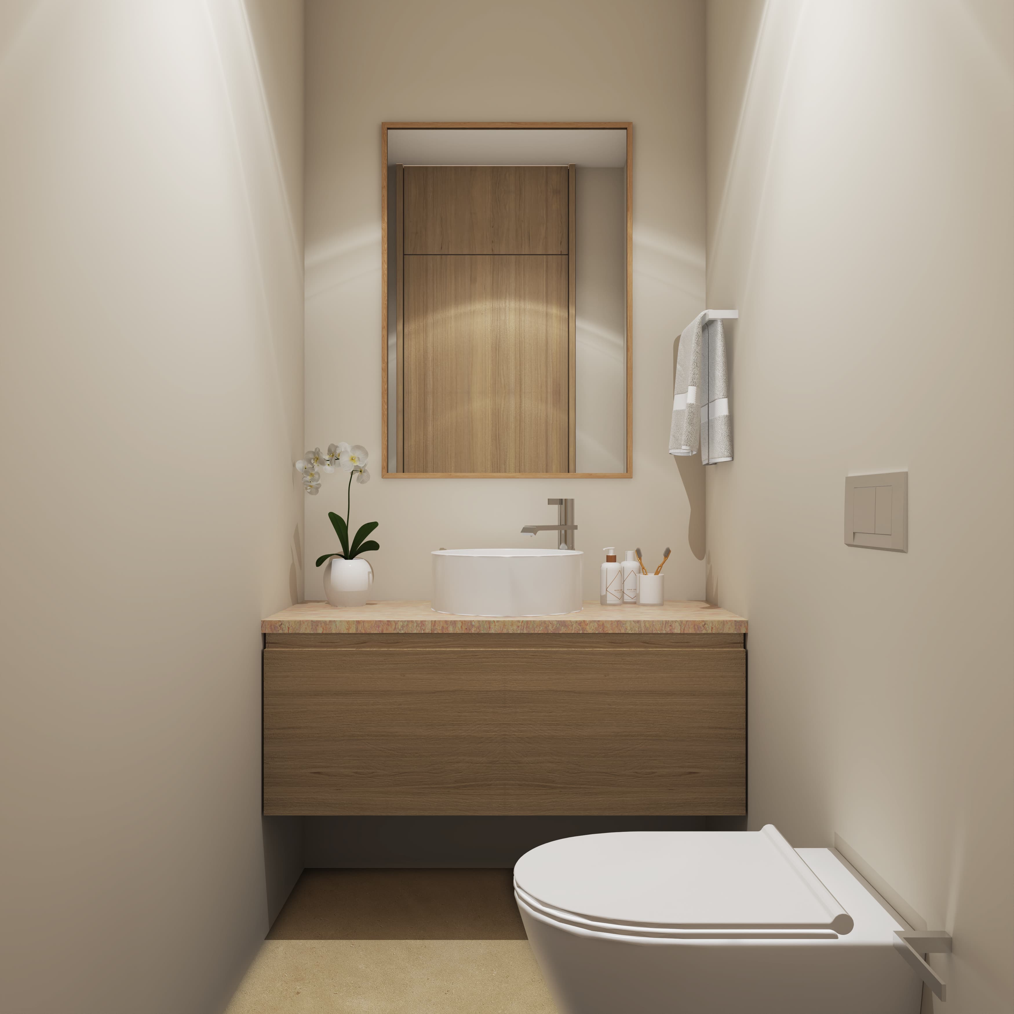 Interior rendering of a bathroom with a vanity and toilet.