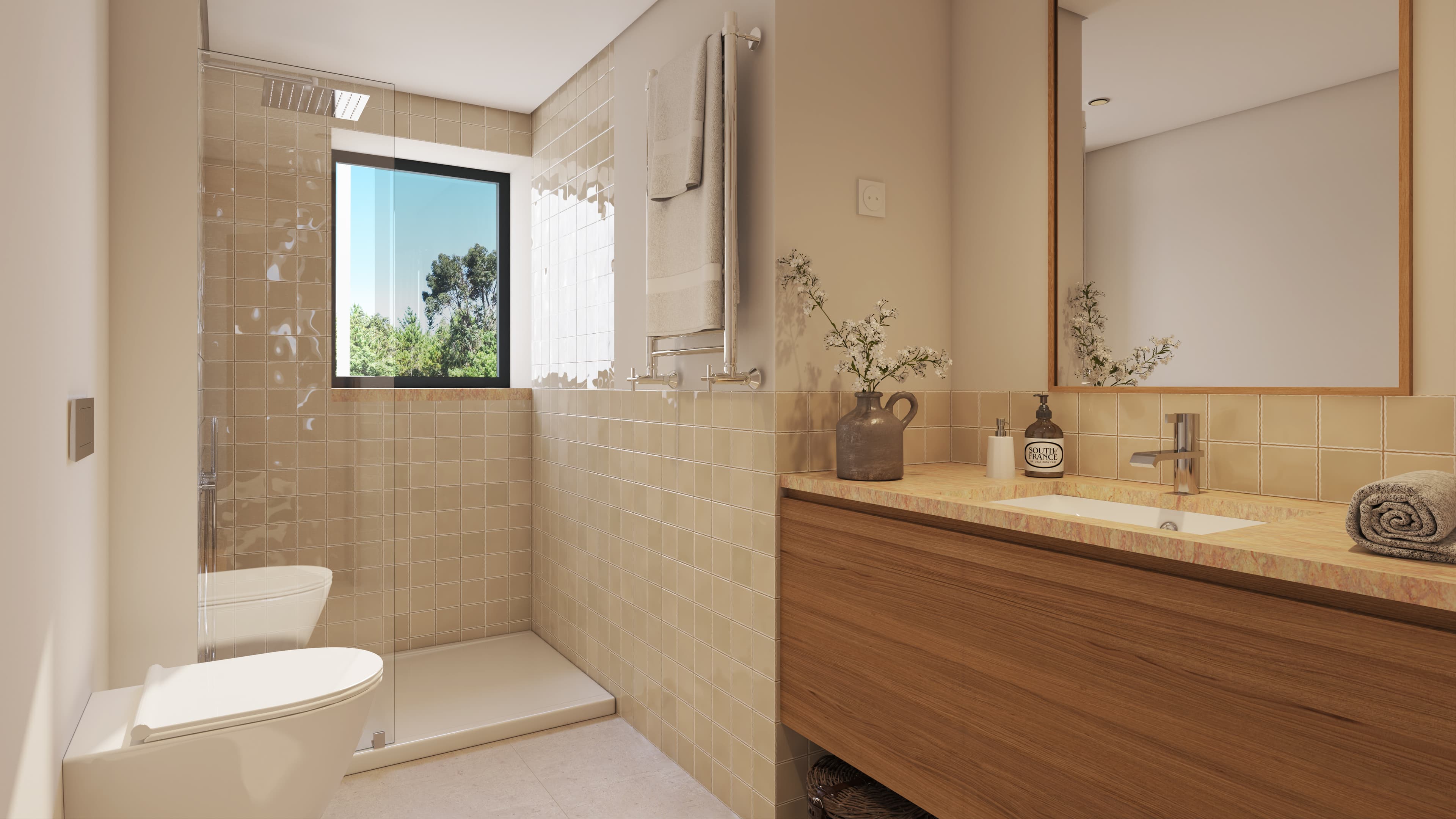 Interior rendering of a bathroom with a shower and vanity.