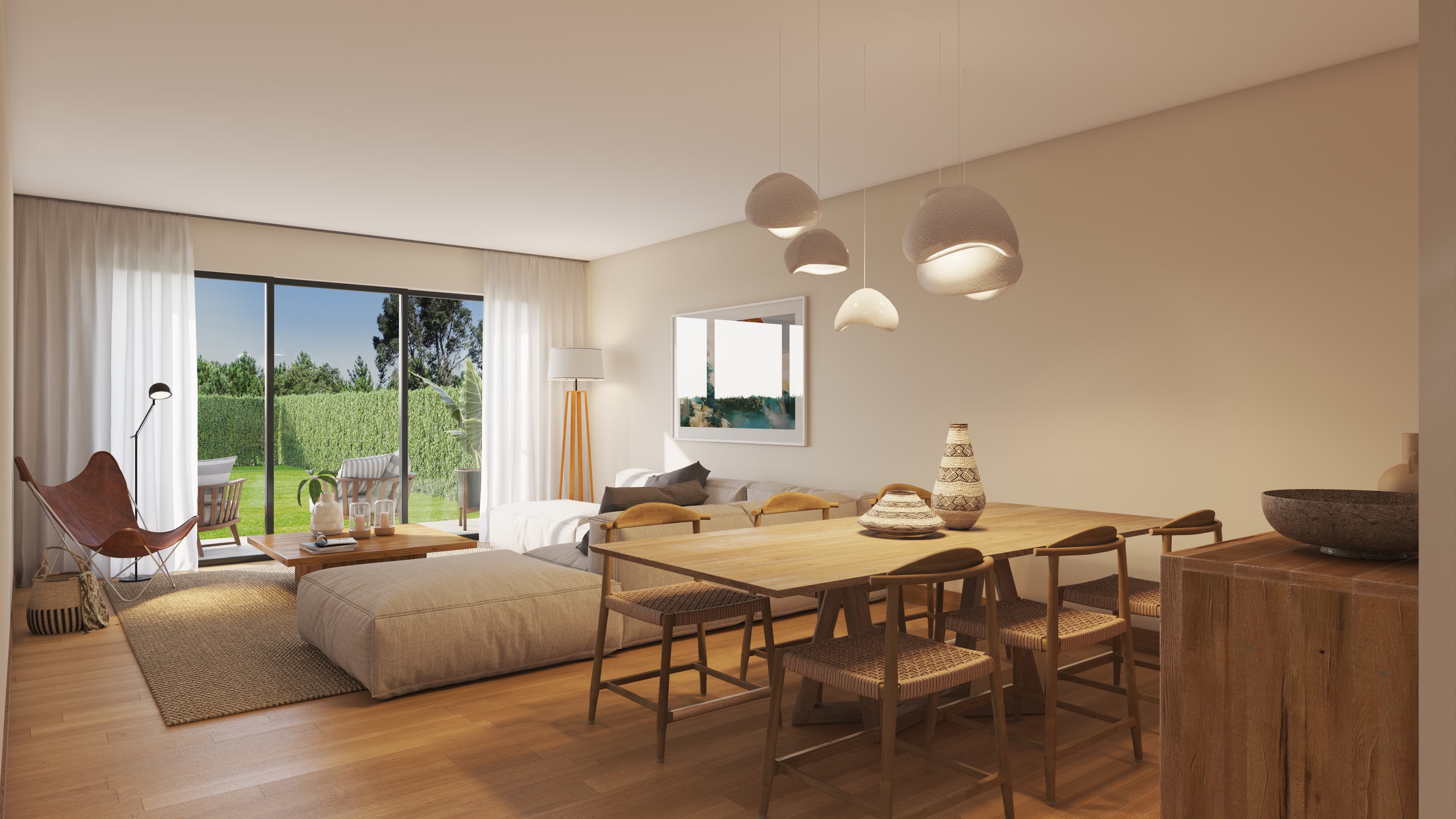 Interior rendering of a living and dining room opening to a terrace.