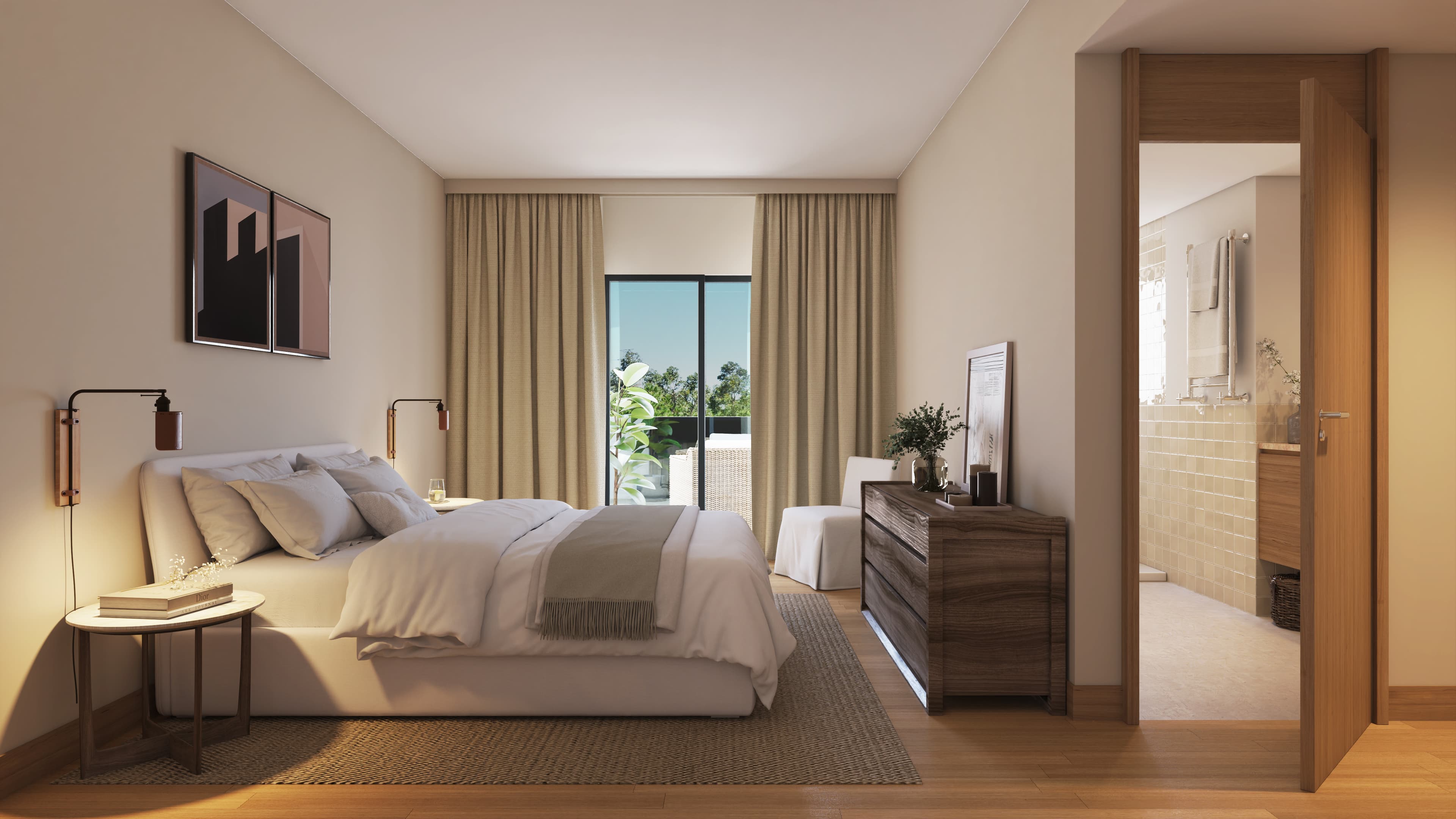 Interior rendering of a bedroom with a seating area.