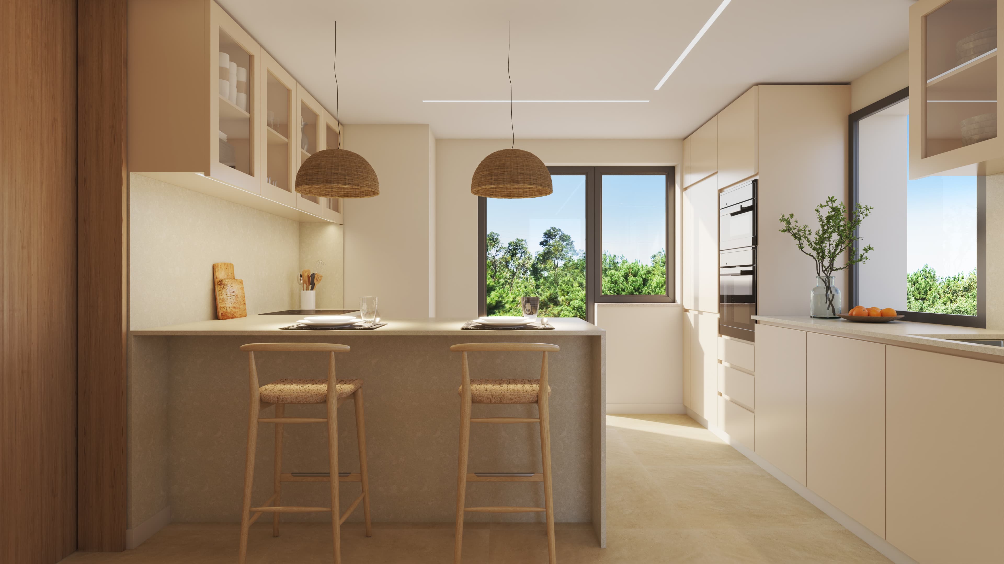 Interior rendering of a kitchen with a breakfast counter.