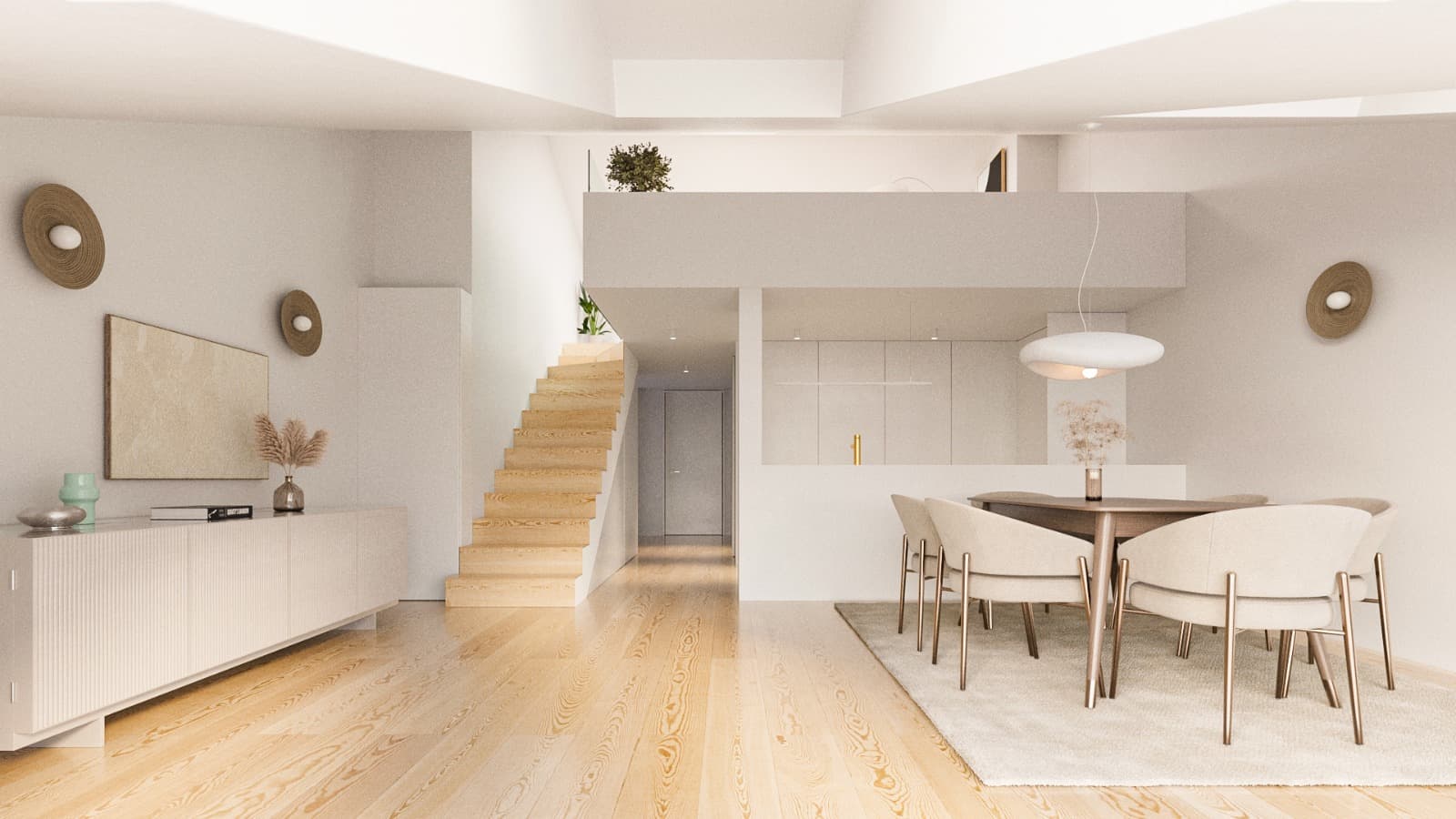 Duplex interior with an open kitchen and dining area.
