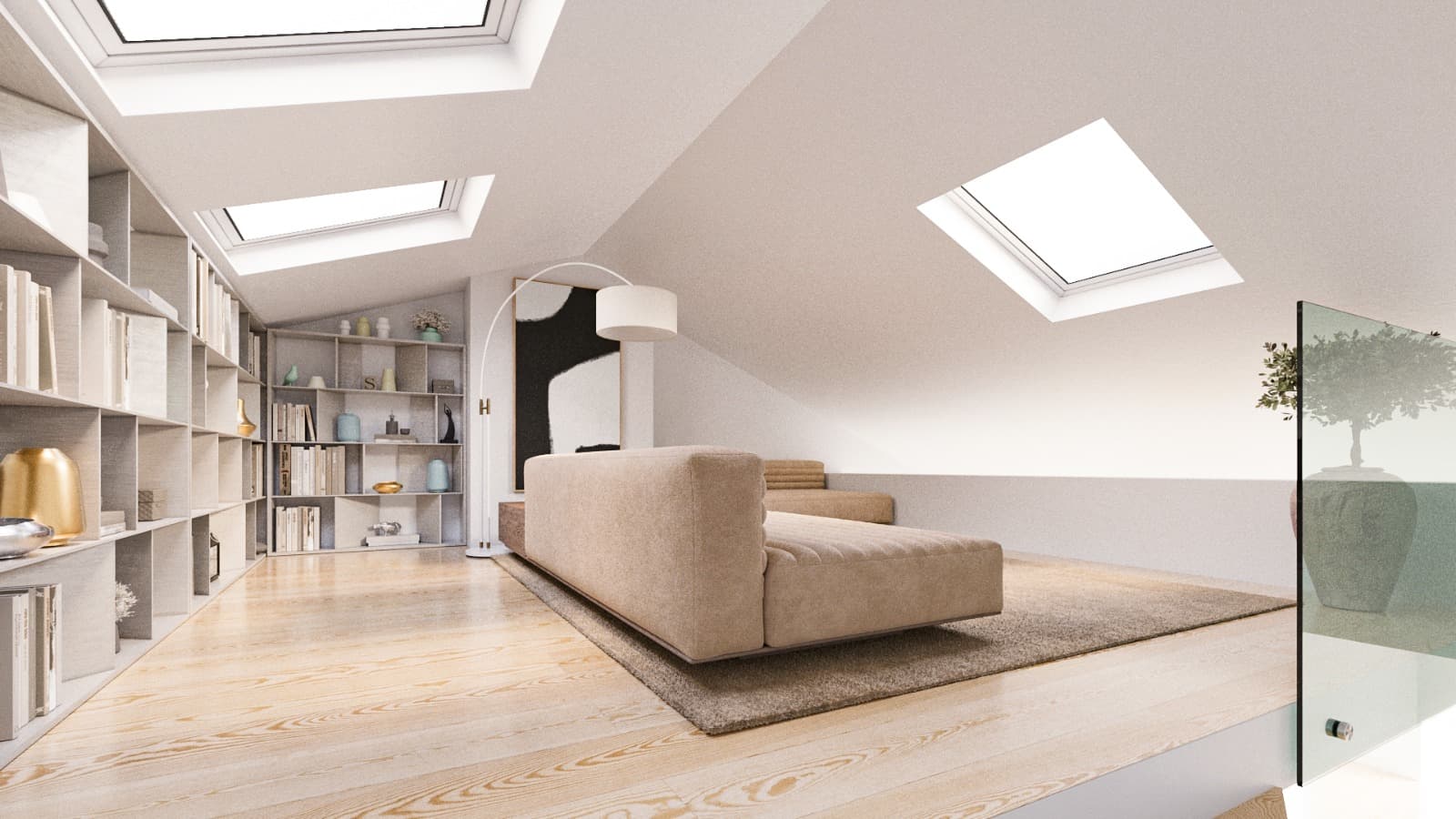Duplex living area with sofa, shelving and roof windows.