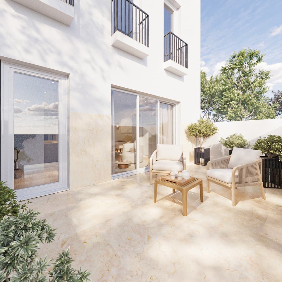 Ground-floor apartment exterior opening to a terrace.