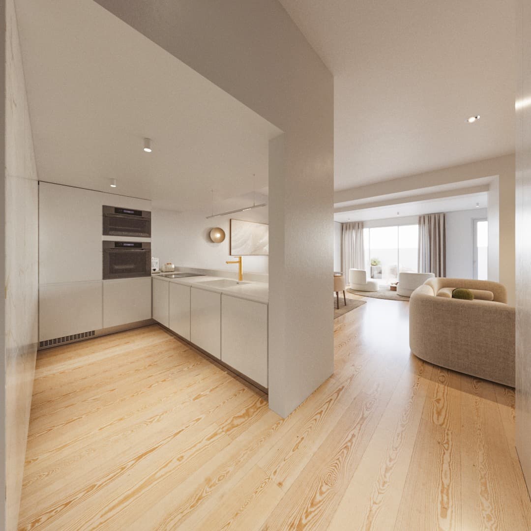 Ground-floor kitchen with pale cabinetry and wood flooring.